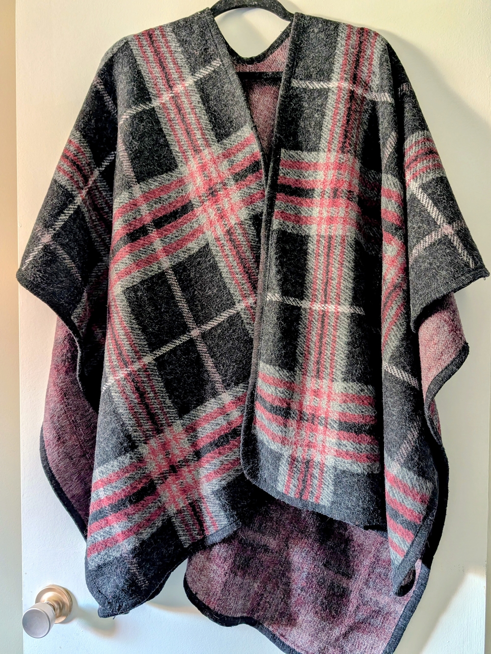 Plaid Open Front Poncho Jacket in Charcoal and Pink